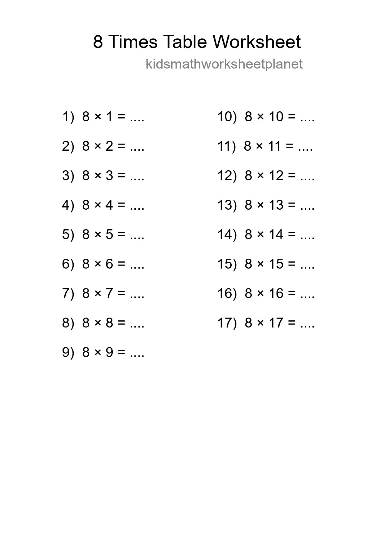 Printable 8 Times Table Worksheet For Grade 3 - Part 196