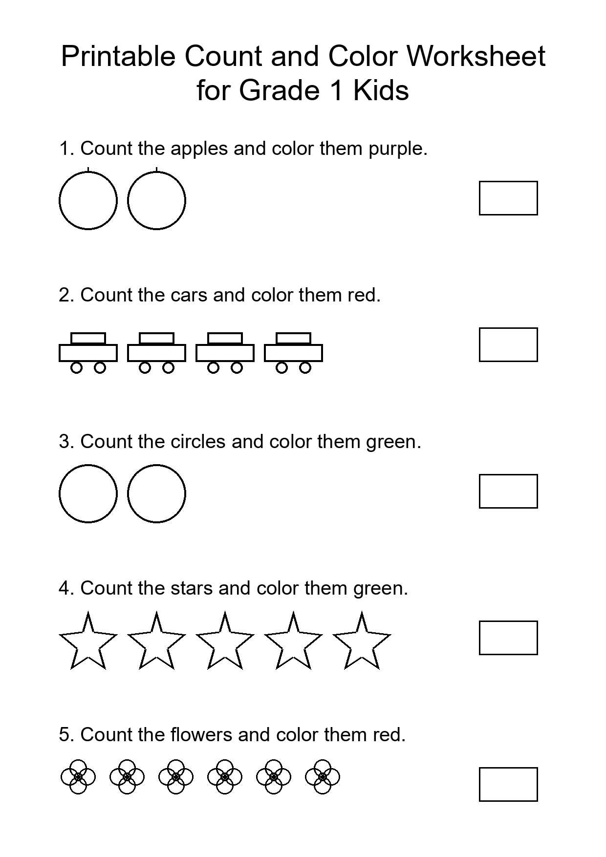 Printable Count and Color Worksheet for Grade 1 Kids