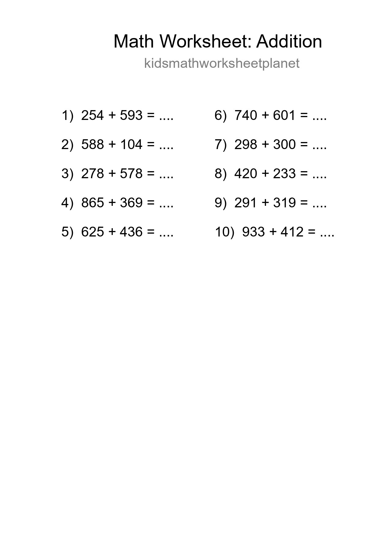 Printable Free 10 Addition Math Worksheet For Grade 5 - Part 155