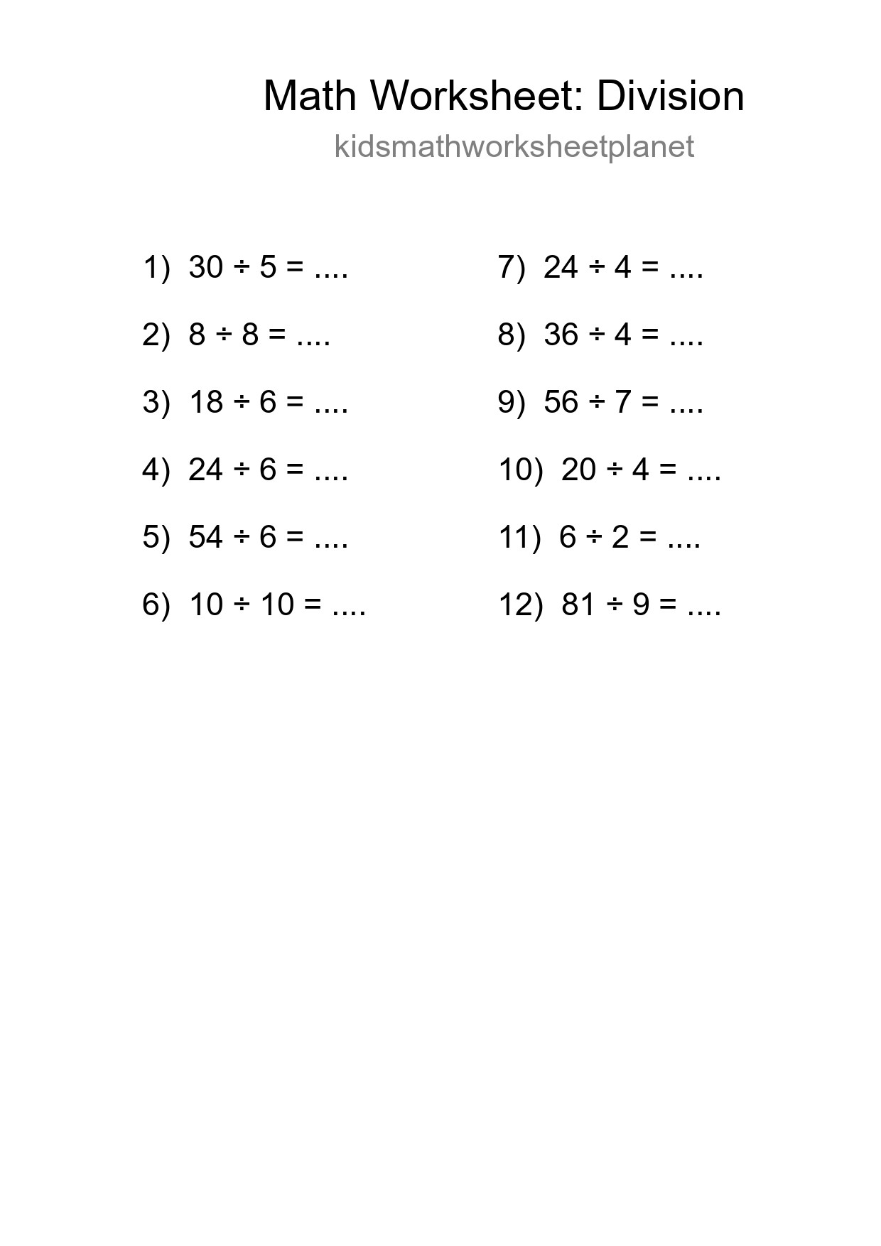 Printable Free 12 Division Math Worksheet For Grade 1 - Part 92