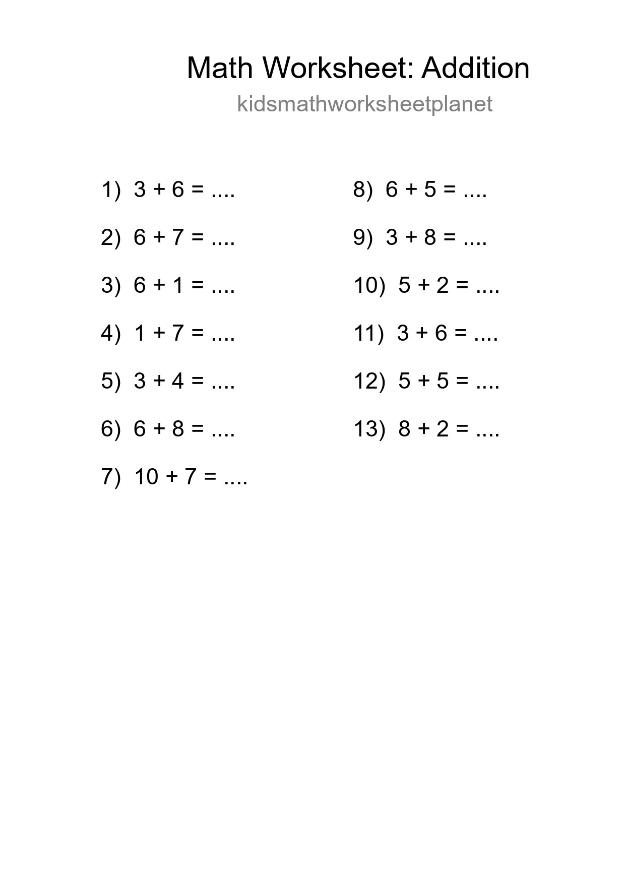 Printable Free 13 Addition Math Worksheet For Grade 1 - Part 67
