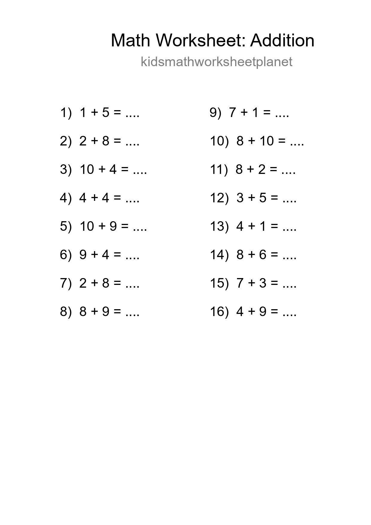 Printable Free 16 Addition Math Worksheet For Grade 1 - Part 243