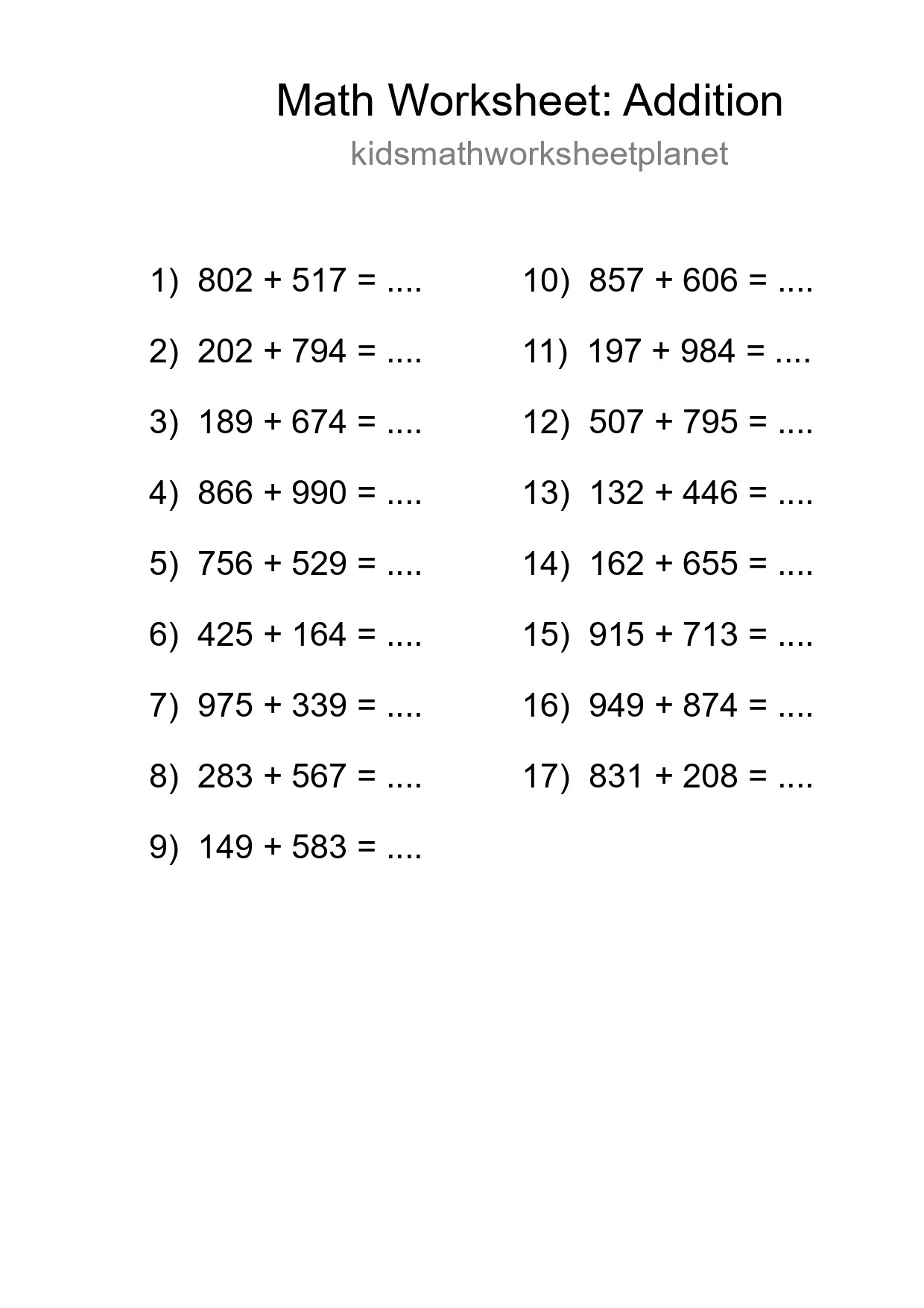 Printable Free 17 Addition Math Worksheet For Grade 5 - Part 100