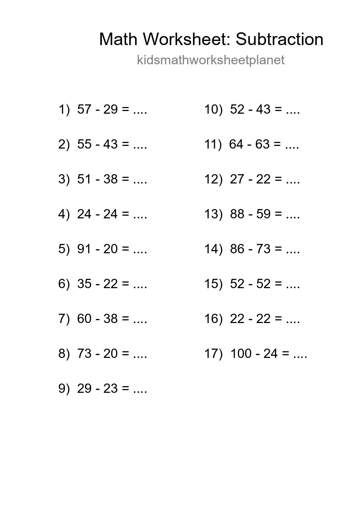 Printable Free 17 Subtraction Math Worksheet For Grade 3 - Part 217