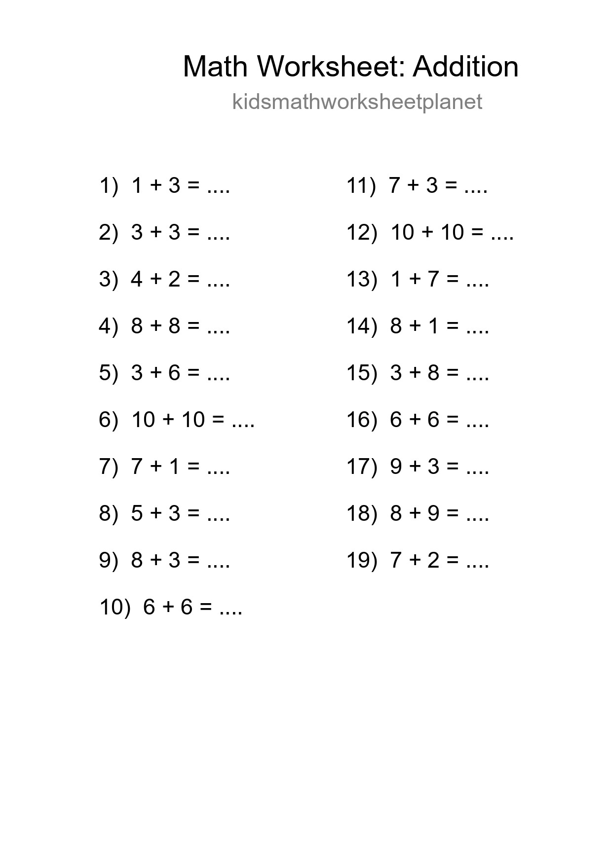Printable Free 19 Addition Math Worksheet For Grade 1 - Part 34