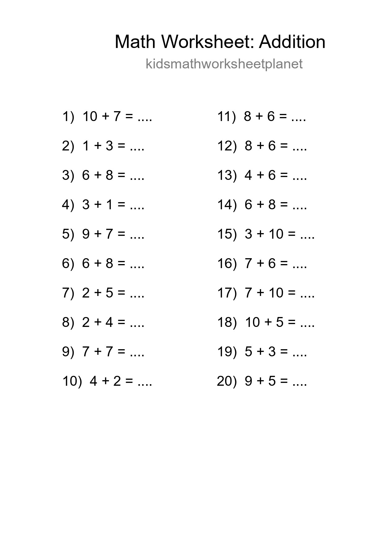 Printable Free 20 Addition Math Worksheet For Grade 1 - Part 89