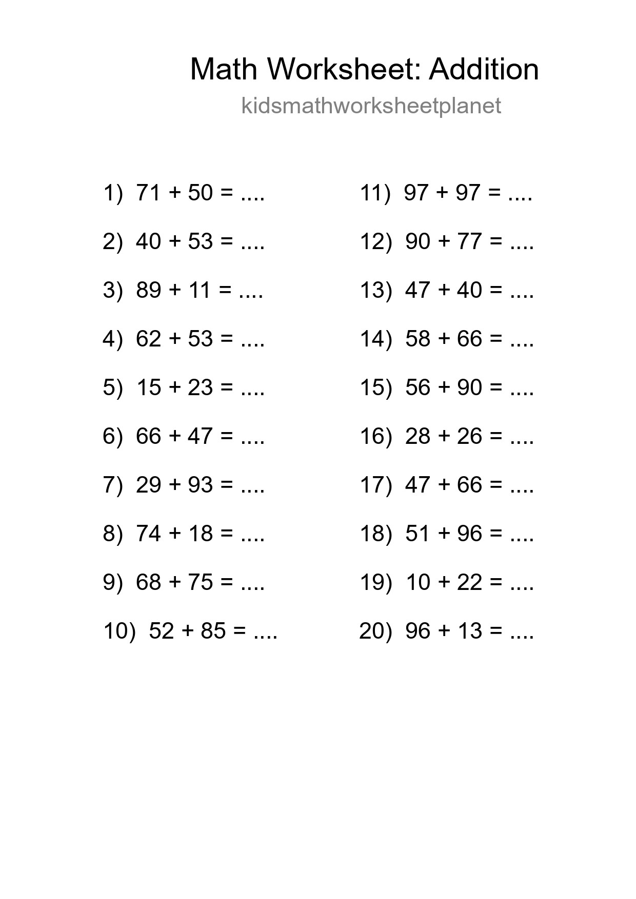Printable Free 20 Addition Math Worksheet For Grade 3 - Part 177