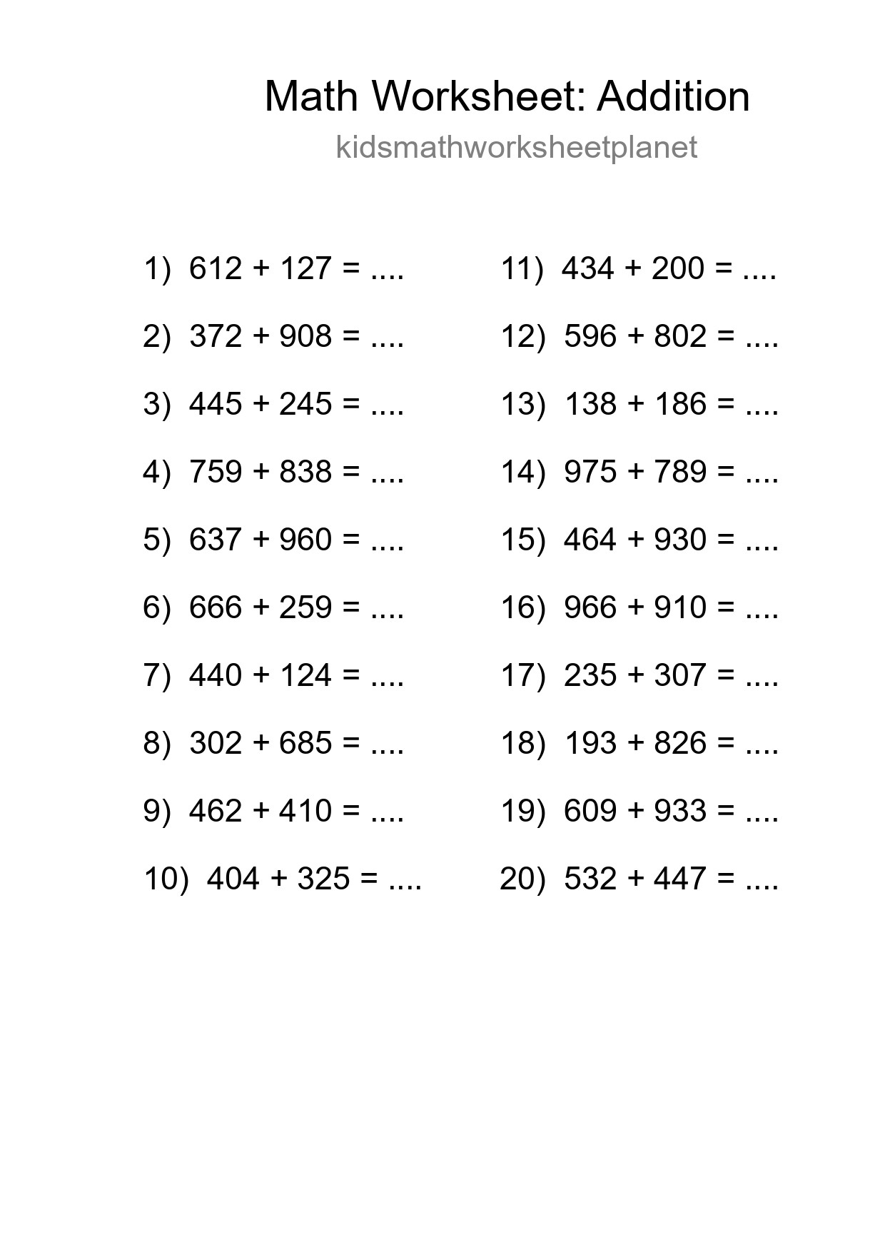 Printable Free 20 Addition Math Worksheet For Grade 5 - Part 56