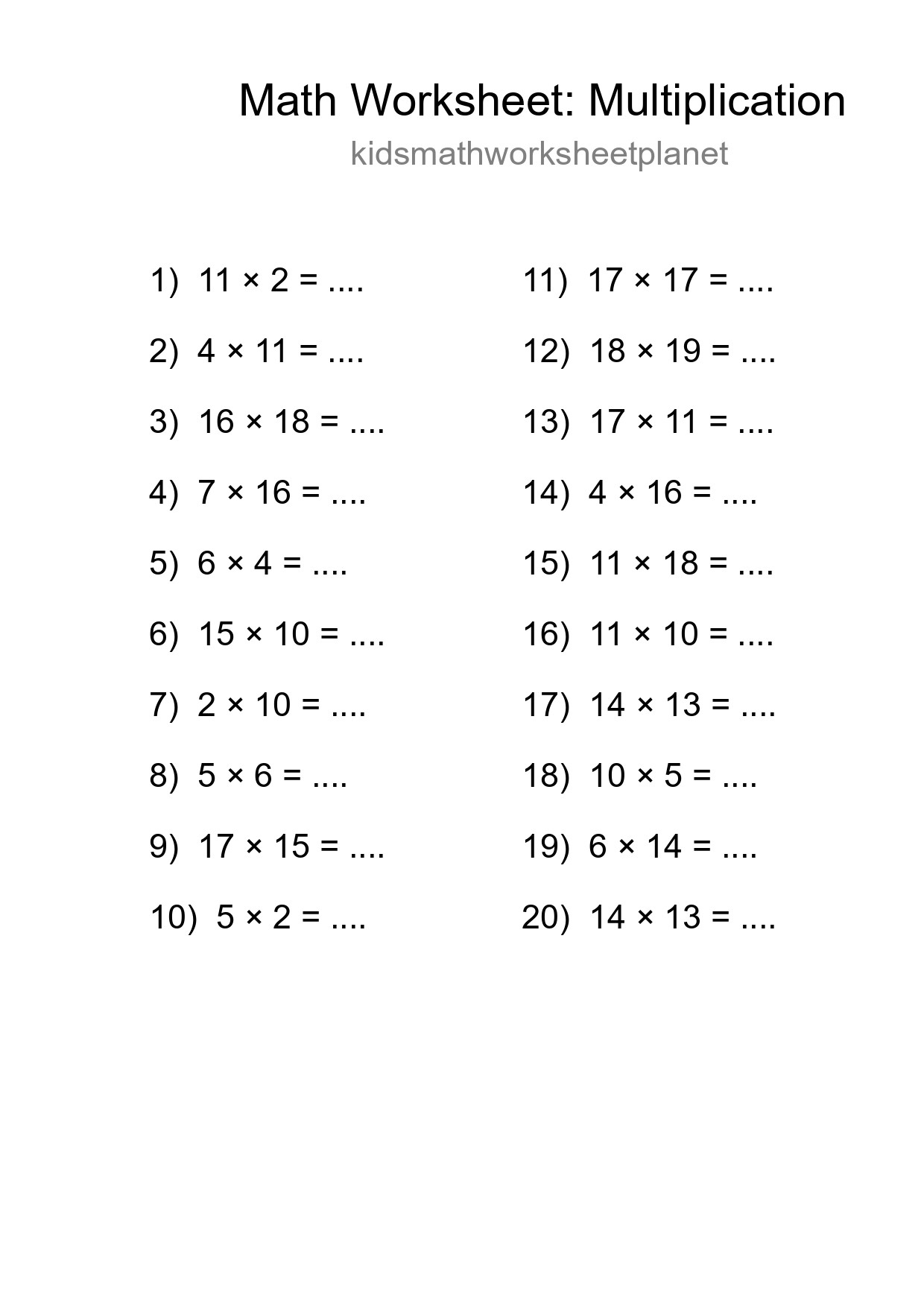 Printable Free 20 Multiplication Math Worksheet For Grade 2 - Part 260