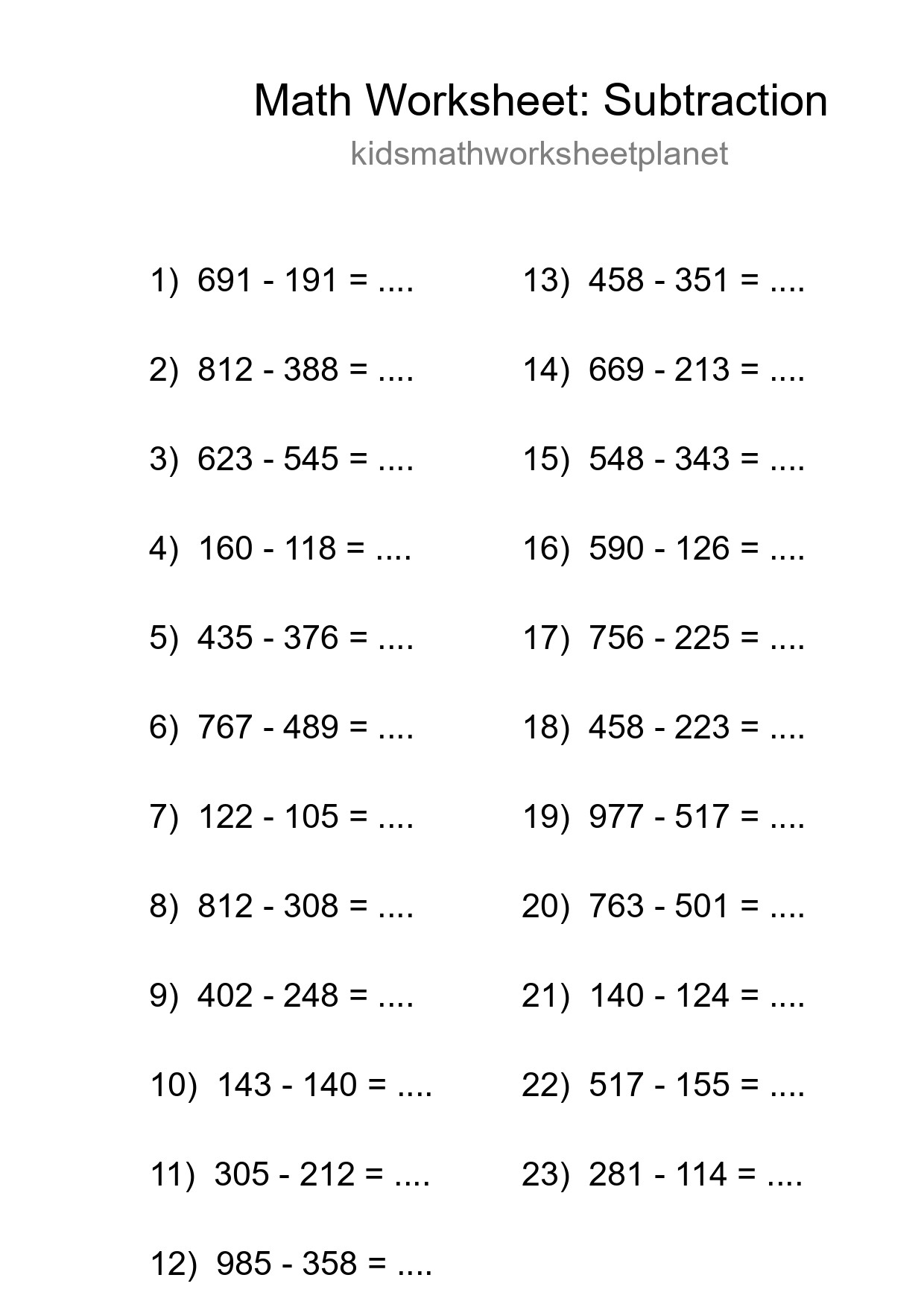 Printable Free 23 Subtraction Math Worksheet For Grade 5 - Part 107