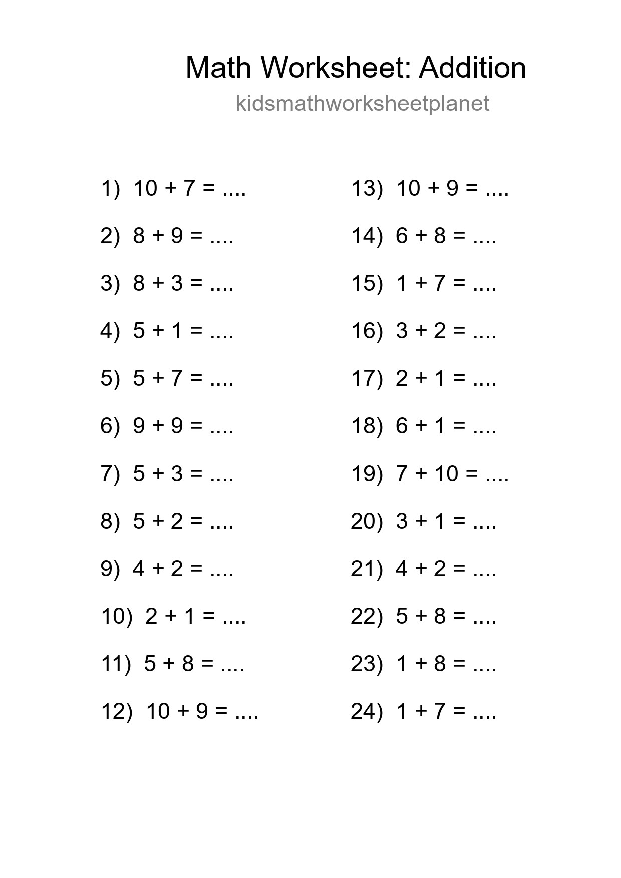 Printable Free 24 Addition Math Worksheet For Grade 1 - Part 188