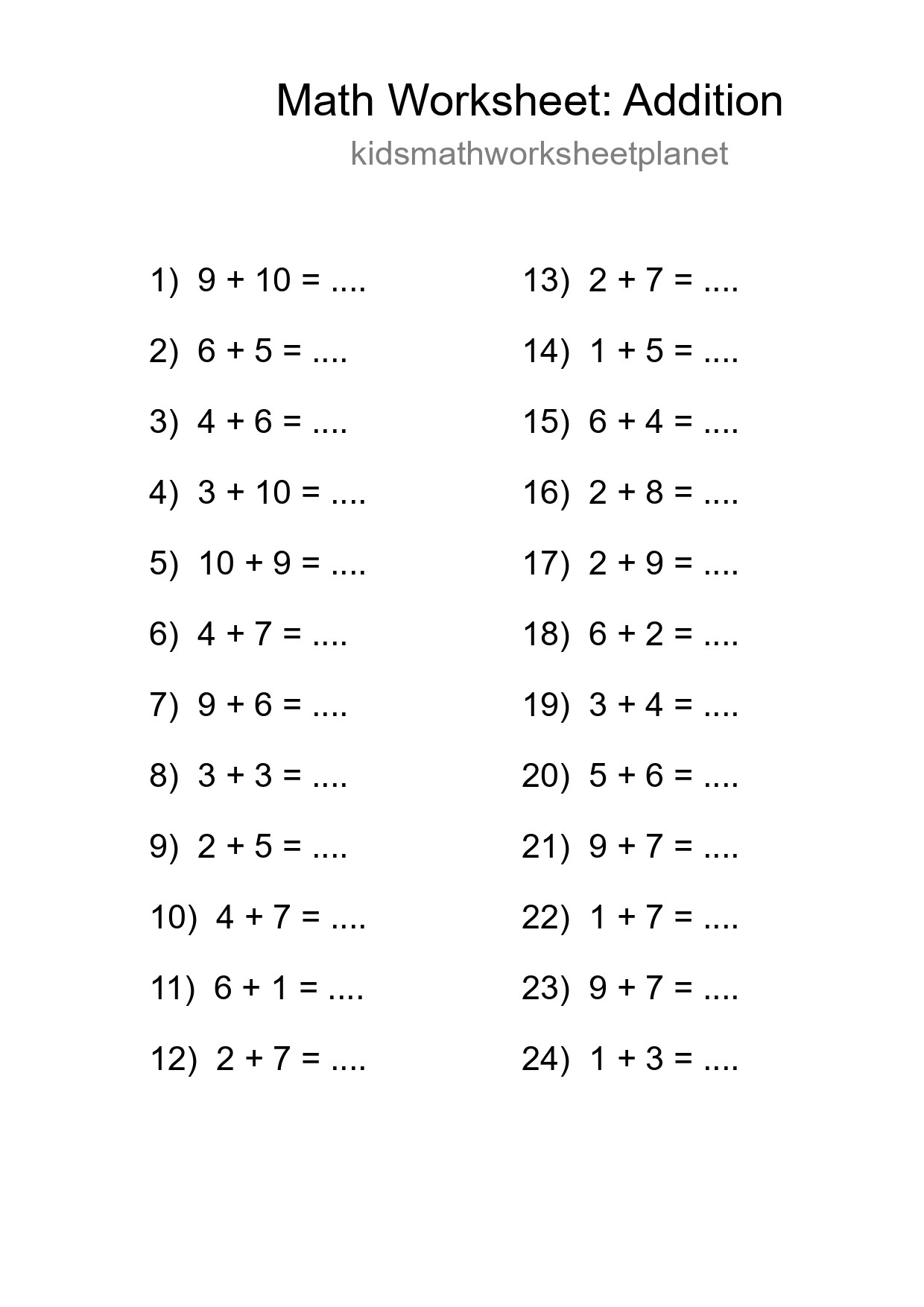 Printable Free 24 Addition Math Worksheet For Grade 1 - Part 23