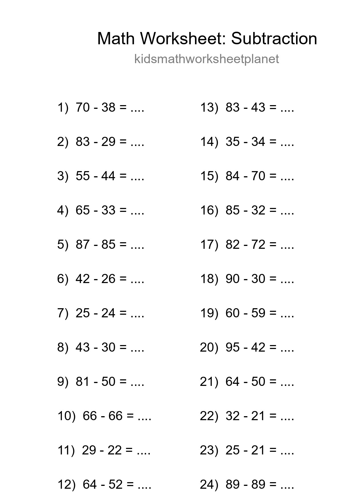 Printable Free 24 Subtraction Math Worksheet For Grade 3 - Part 162