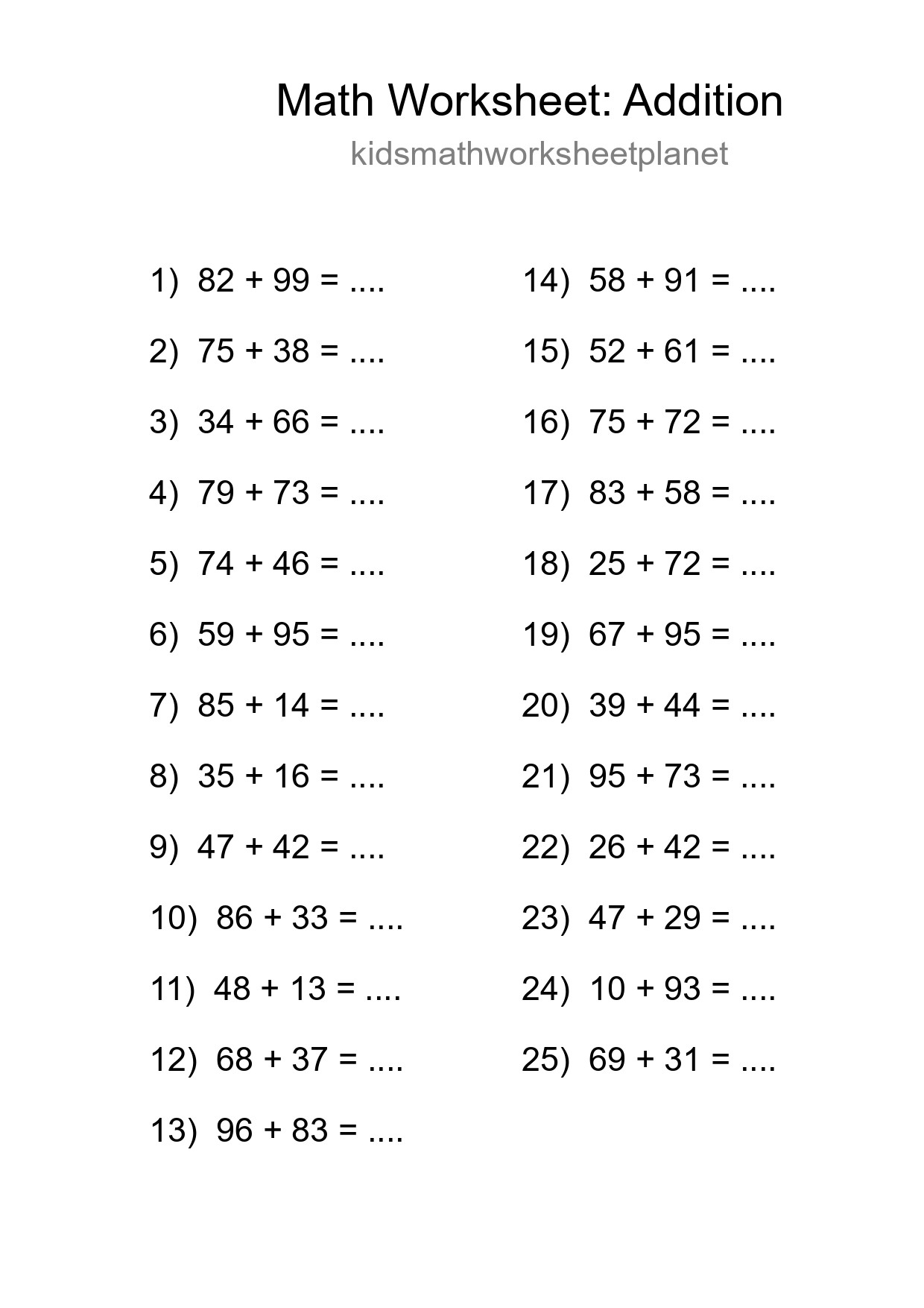 Printable Free 25 Addition Math Worksheet For Grade 3