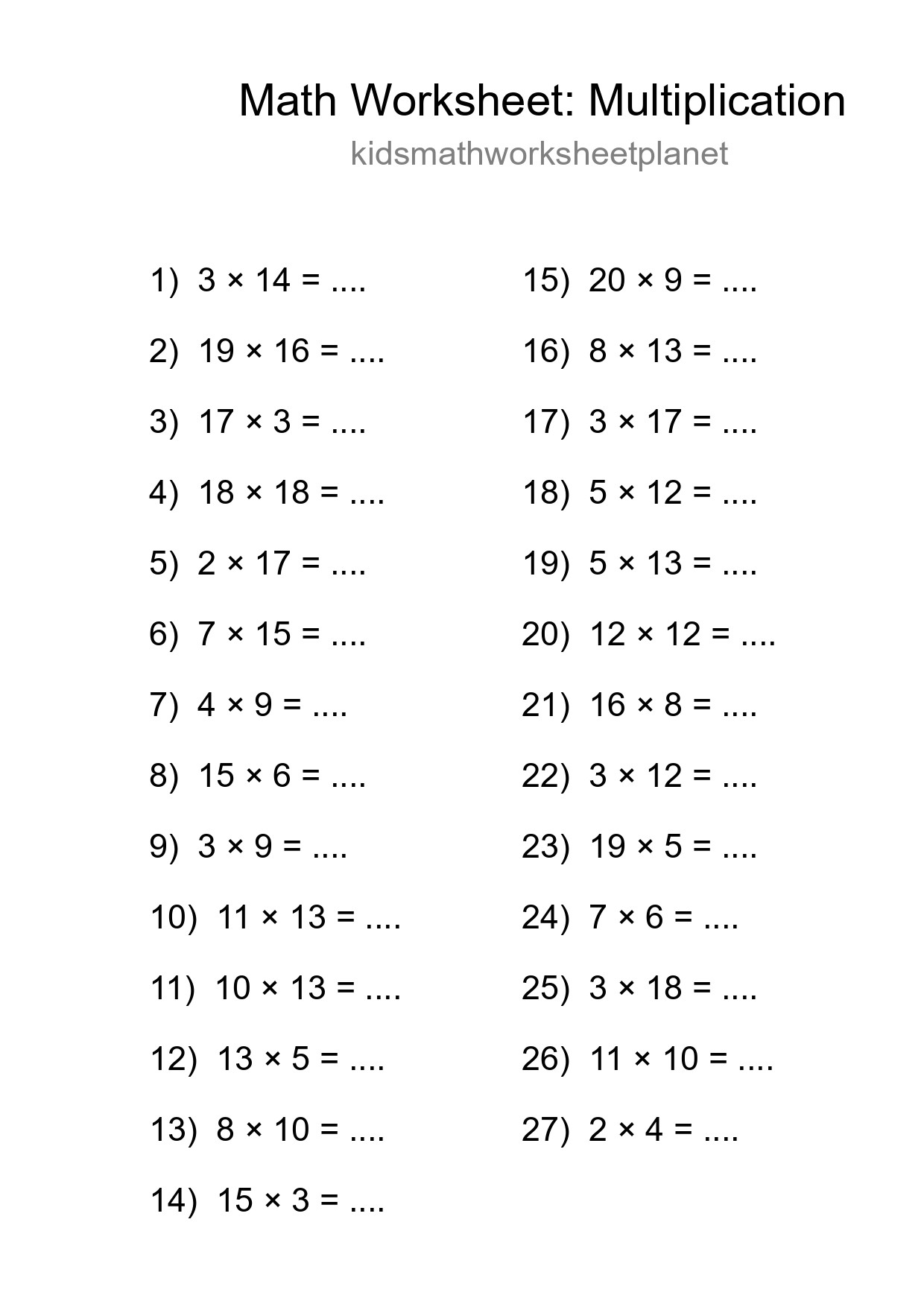 Printable Free 27 Multiplication Math Worksheet For Grade 2 - Part 161