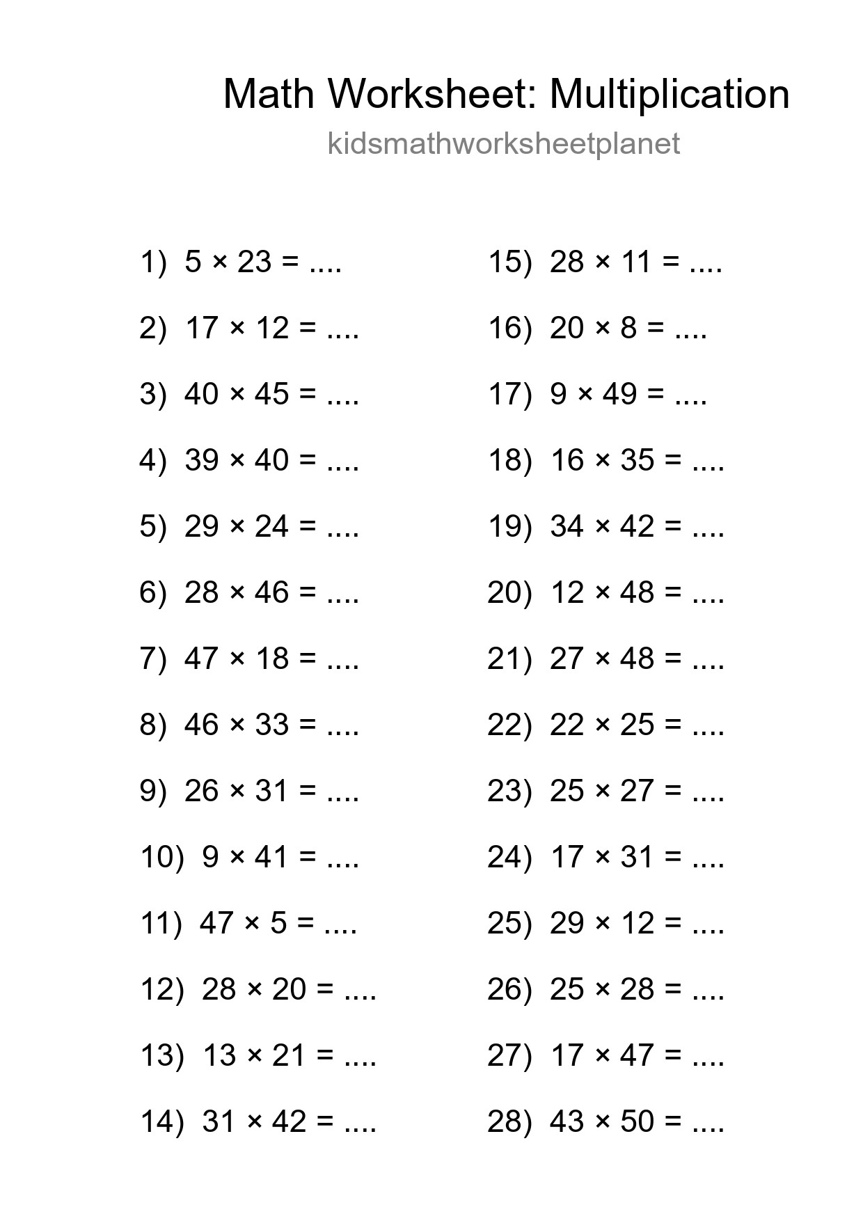 Printable Free 28 Multiplication Math Worksheet For Grade 2 - Part 216