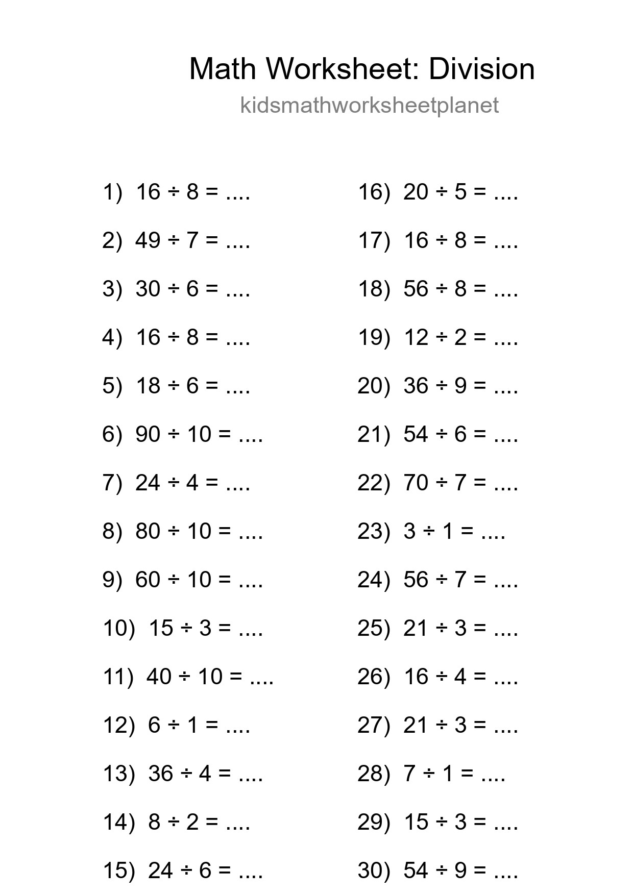 Printable Free 30 Division Math Worksheet For Grade 1 - Part 59